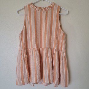 staccato peach & white striped high neck peplum blouse
